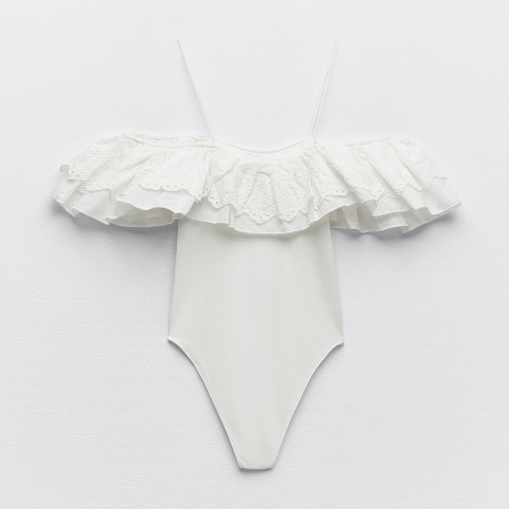 Zara matching bodysuit with embroidered ruffles white NWT - Picture 7 of 8